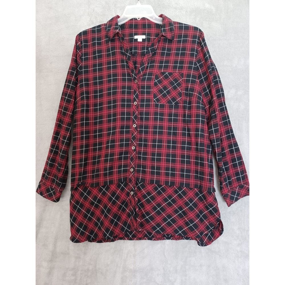 J Jill Sz‎ XL Shirt Plaid Red Black Tunic Button Down Long Sleeve Cotton Casual
